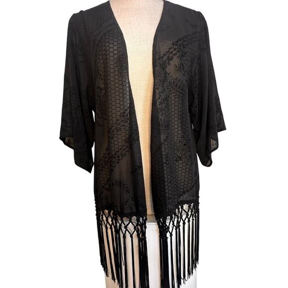Haute Hooligan Tops - Festival Whimsigoth Cowboy Black Kimono Sheer Duster Cardigan Fringe Floral Mesh